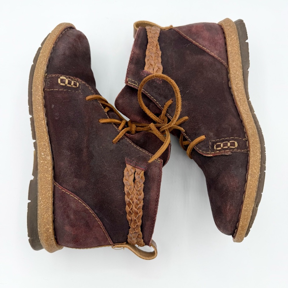 Born Temple Burgundy suede ankle boots leather laces braided ankle wrap - Picture 6 of 10